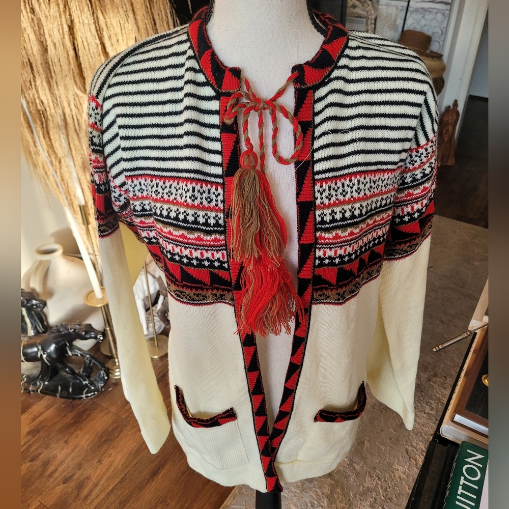 Vintage 1960s Helen Sue Psychedelic Knit Acrylic Cardigan Sweater